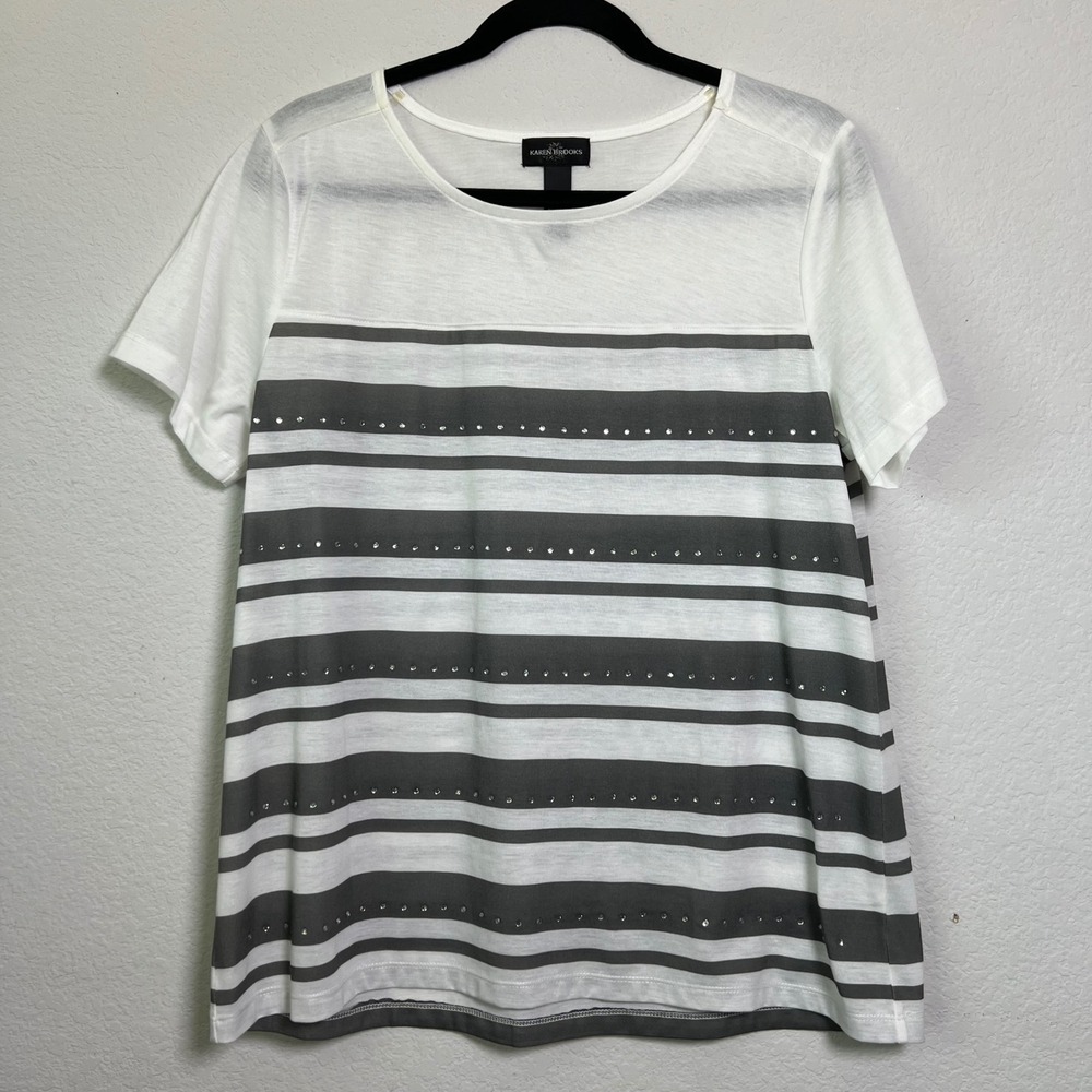 Karen Brooks Striped Rhinestone Top M White Gray Women Nautical Preppy Short Slv